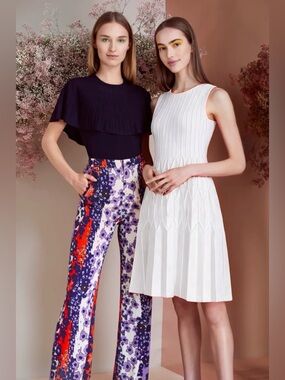 LELA ROSE Chevron Pleated Knit Fit-and-Flare Dress in Ivory White